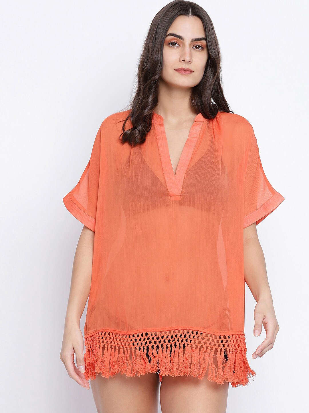 Oxolloxo Women Orange Solid V-neck Swimming Beach Dress Price in India