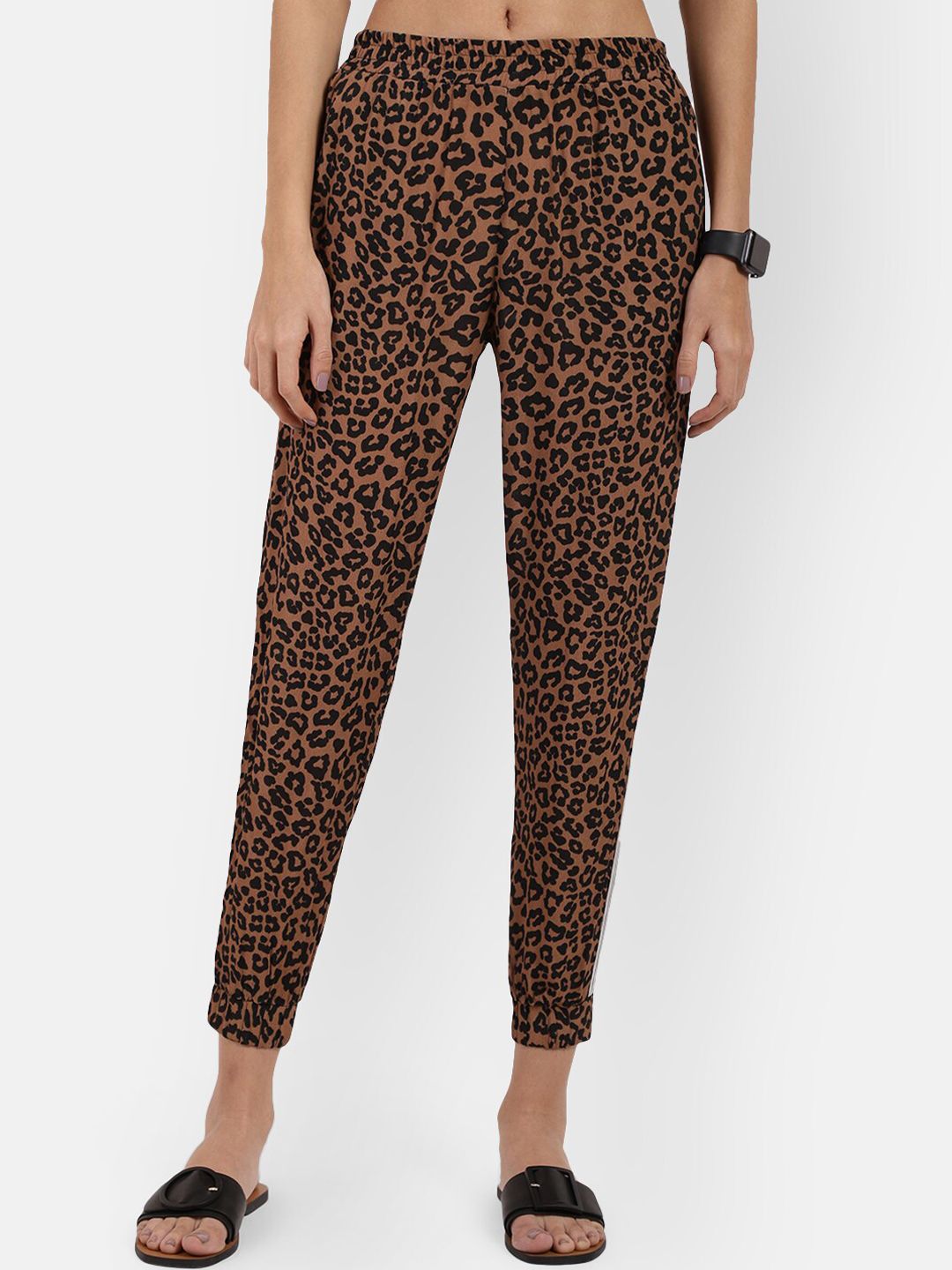 R26 Women Brown Animal Printed Straight Fit Trousers Price in India