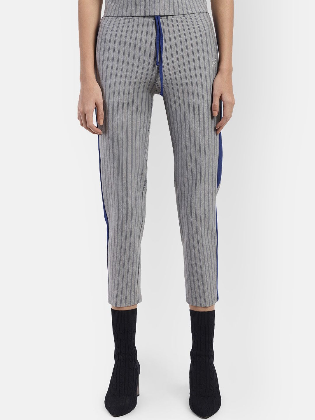 R26 Women Grey & Blue Striped Slim Fit Trousers Price in India