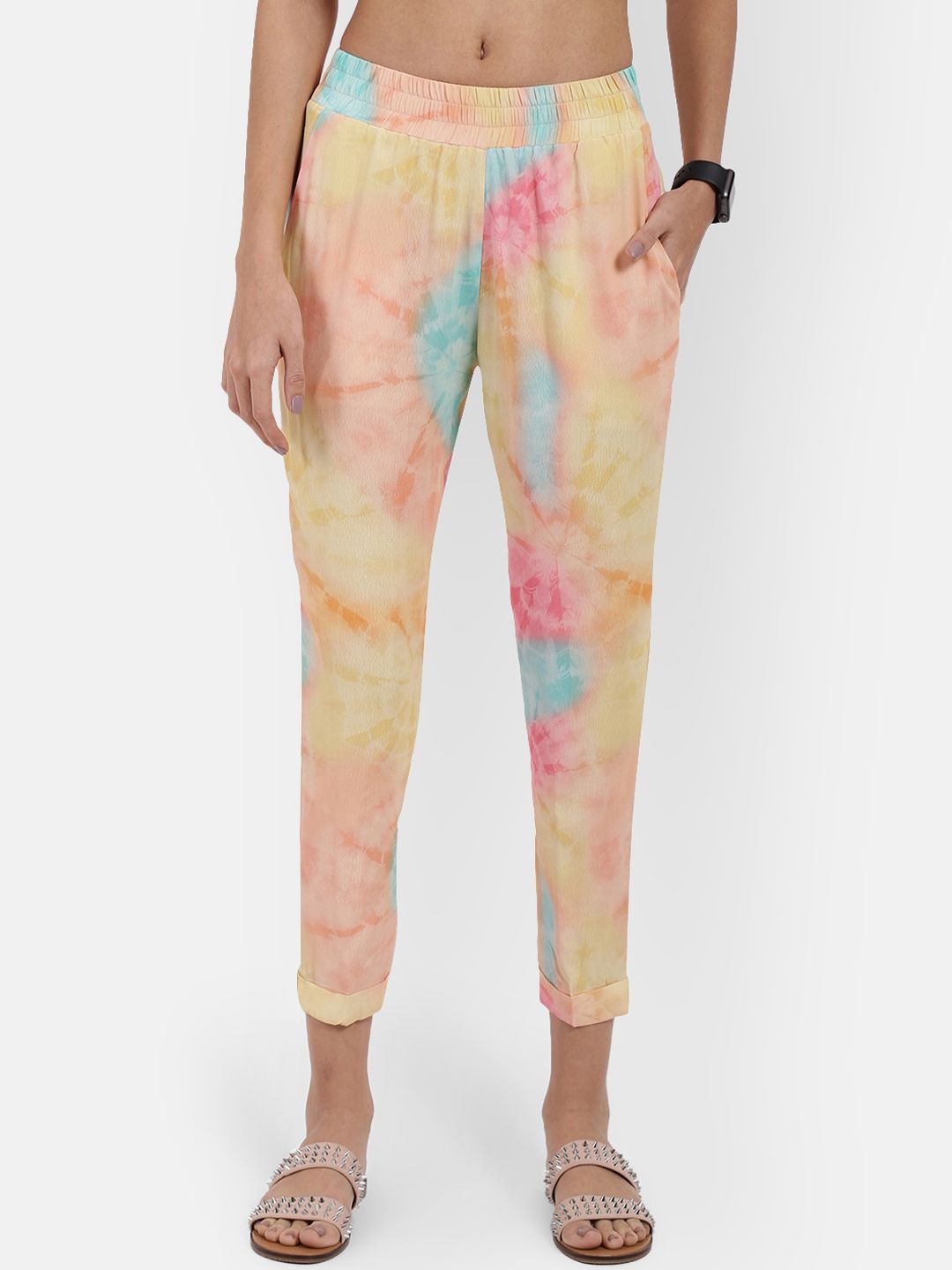 R26 Women Orange & Pink Tie and Dye Printed Peg Trousers Price in India