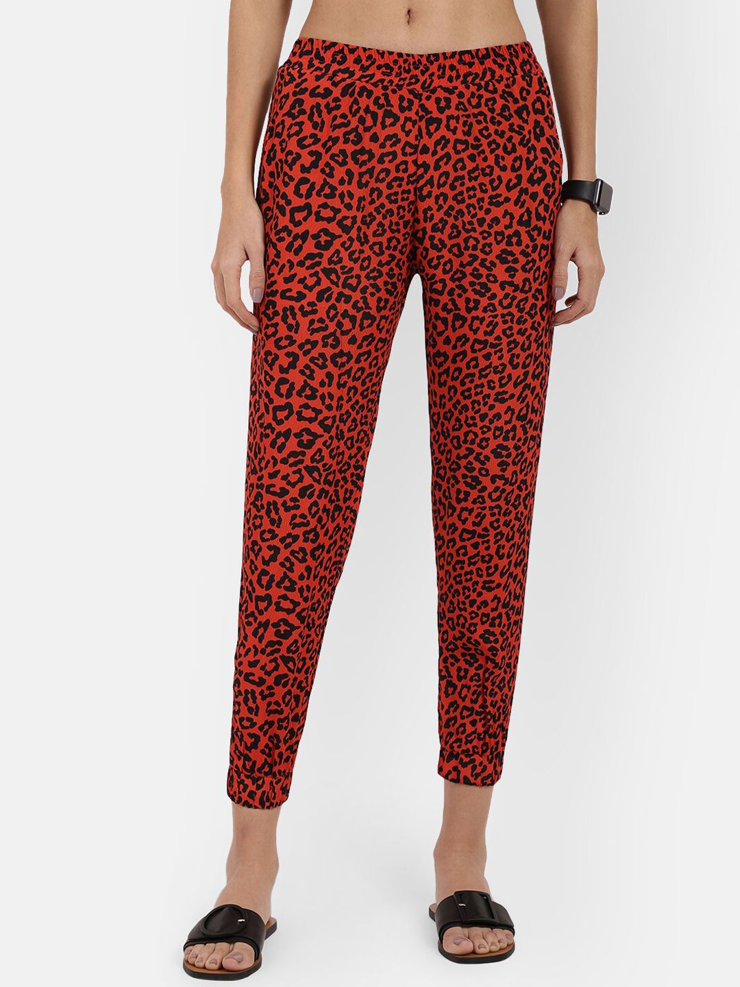 R26 Women Red Animal Printed Straight Fit Trousers Price in India