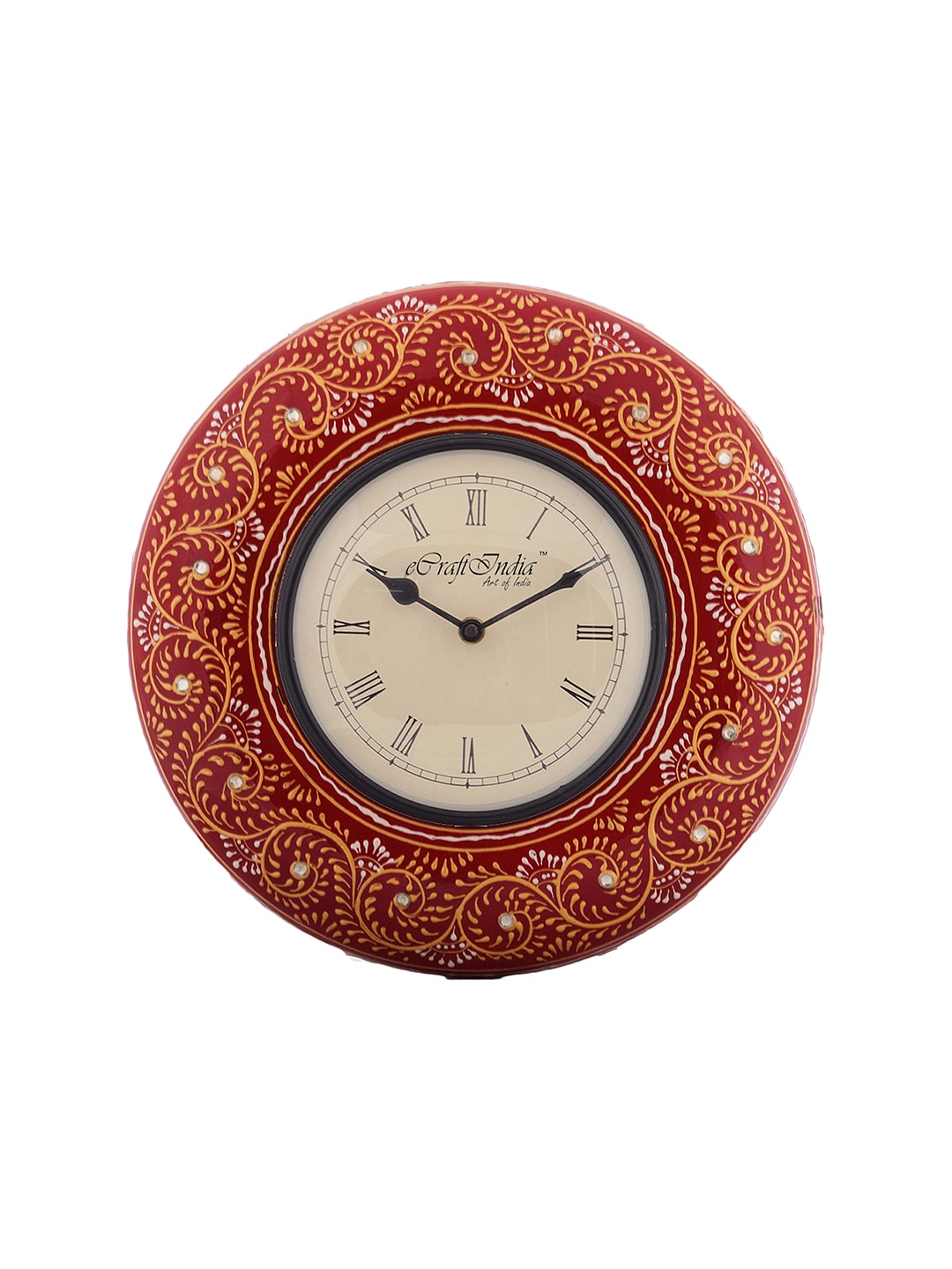 eCraftIndia Cream-Coloured Dial Stone-Studded Wooden Handcrafted 27.94 cm Analogue Wall Clock Price in India