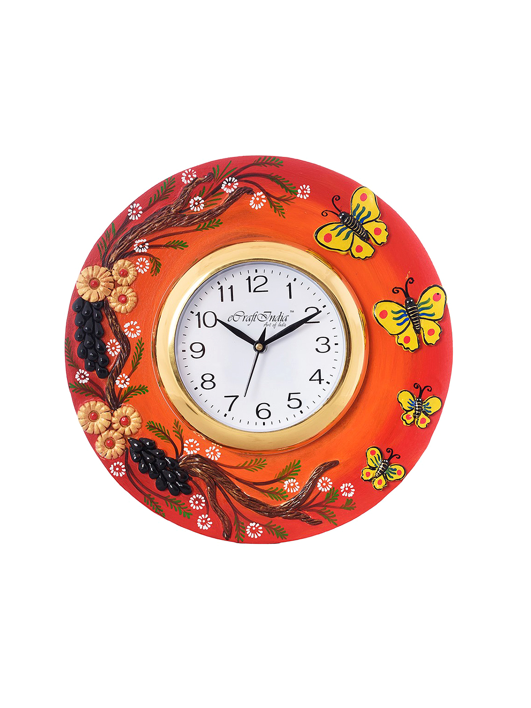 eCraftIndia White Dial Papier Mache Wooden Handcrafted 30.734 cm Analogue Wall Clock Price in India
