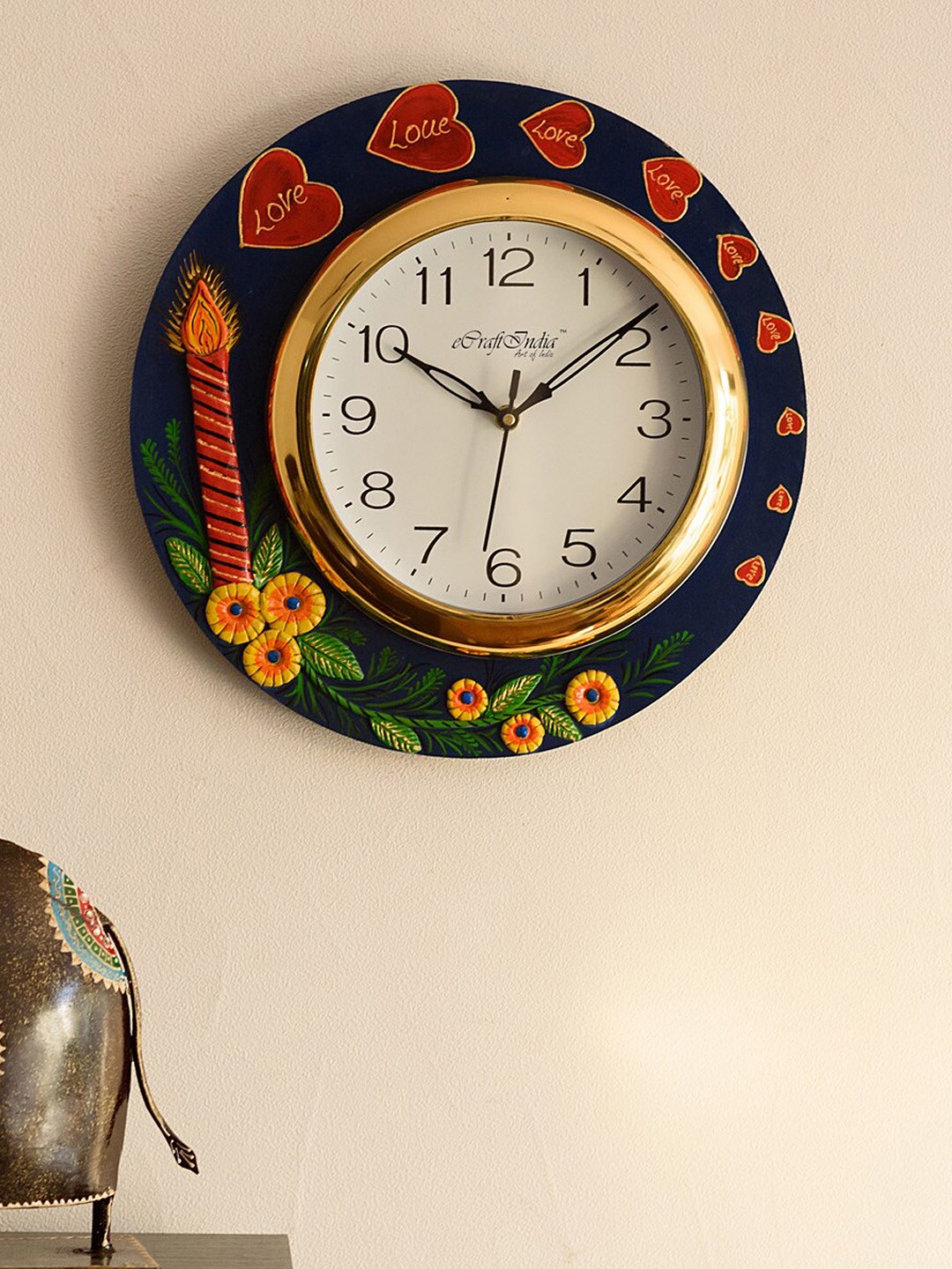 eCraftIndia White Dial Floral Embossed Handcrafted 30.48 cm Analogue Wall Clock Price in India