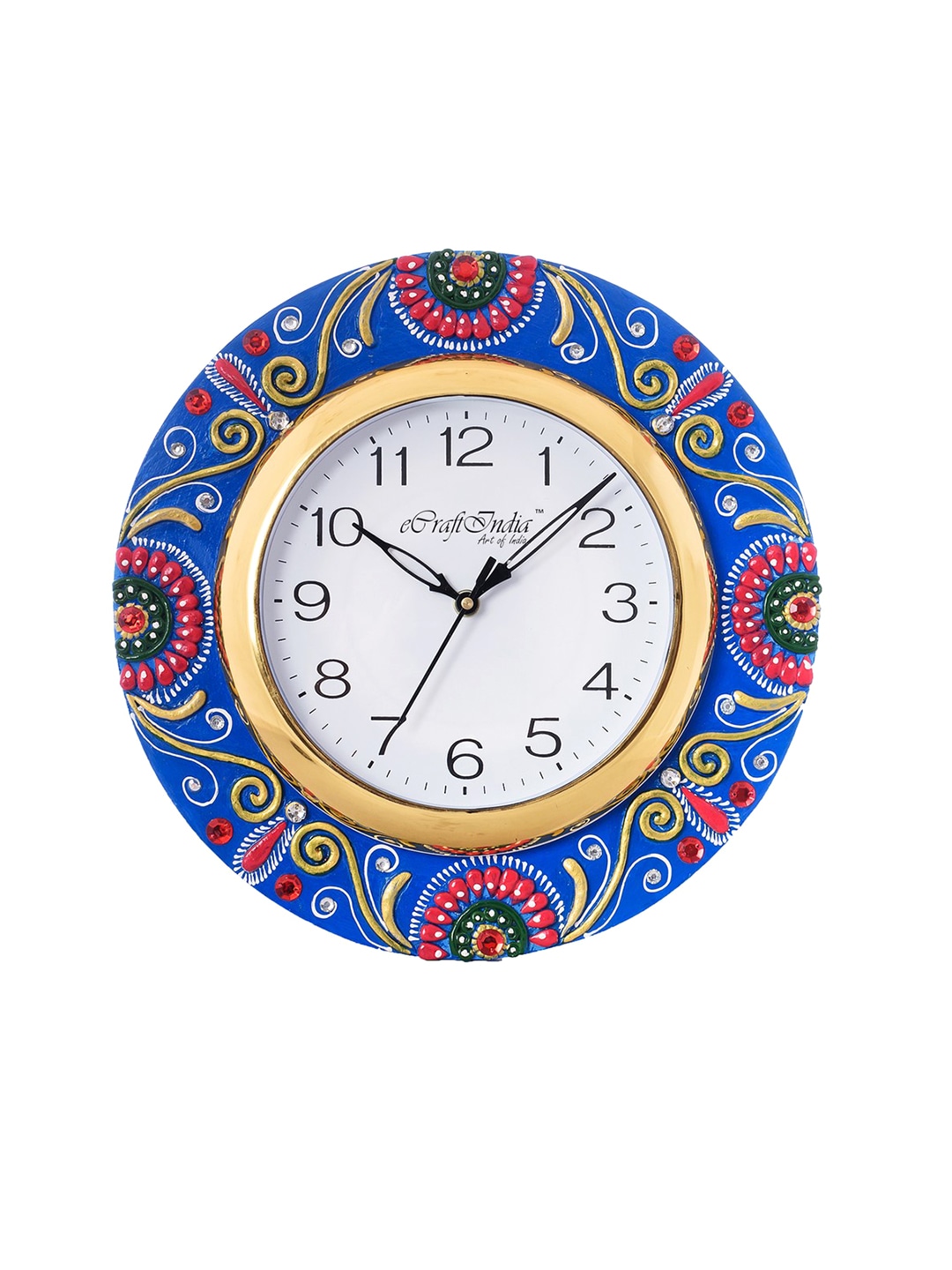 eCraftIndia White Dial Papier Mache Stone-Studded Wooden Handcrafted 30.734 cm Analogue Wall Clock Price in India