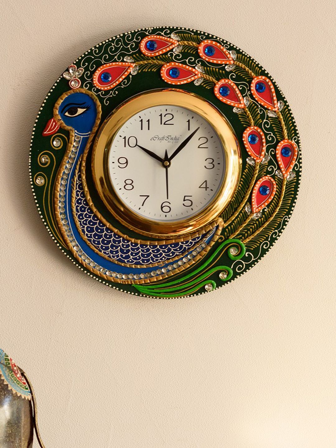 eCraftIndia White Dial Peacock 30.734 cm Handcrafted Analogue Wall Clock Price in India