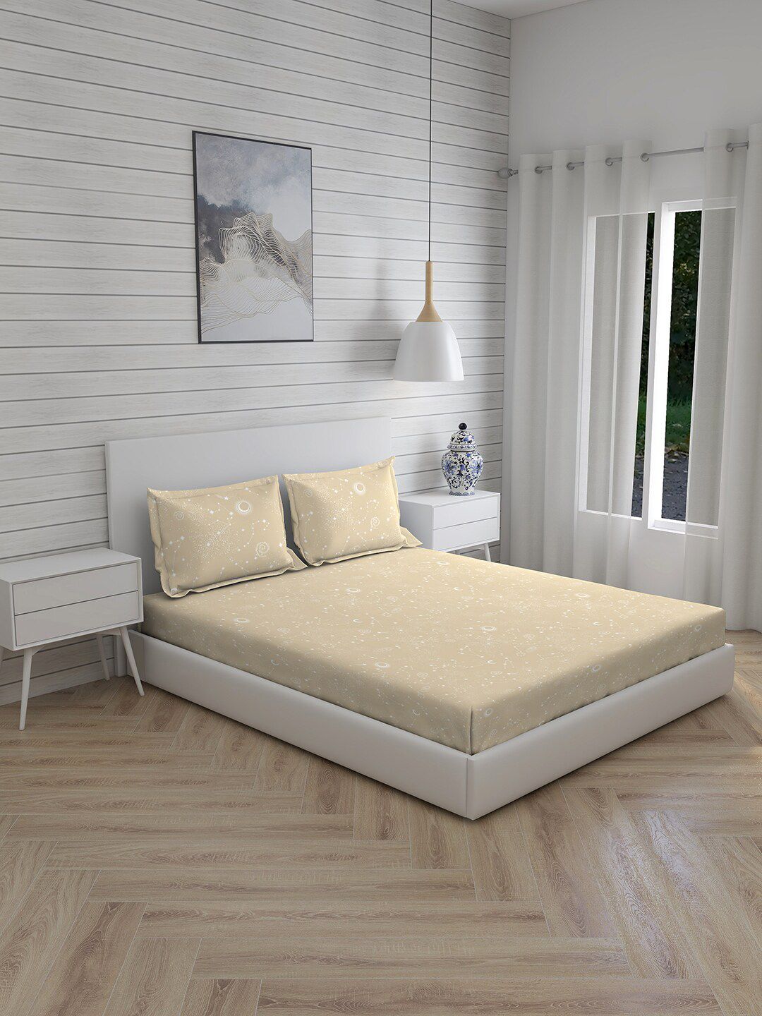 Layers Beige & White Graphic 150 TC Cotton King Bedsheet with 2 Pillow Covers Price in India