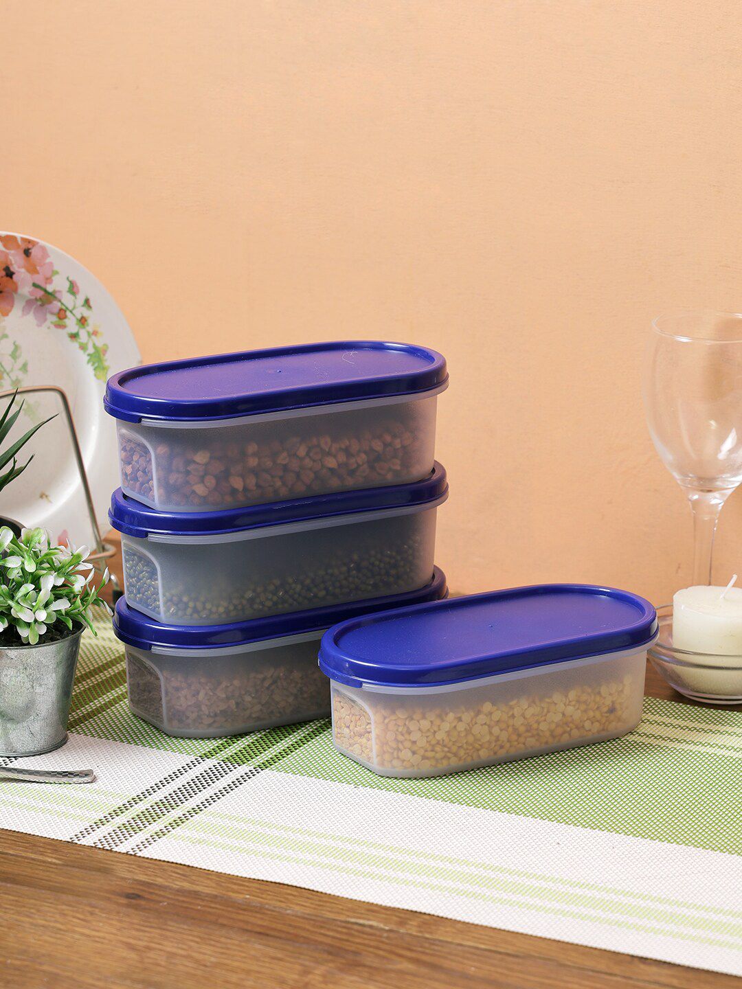 Abode Abode Set Of 4 Transparent & Blue Solid Plastic Airtight Food Containers Price in India