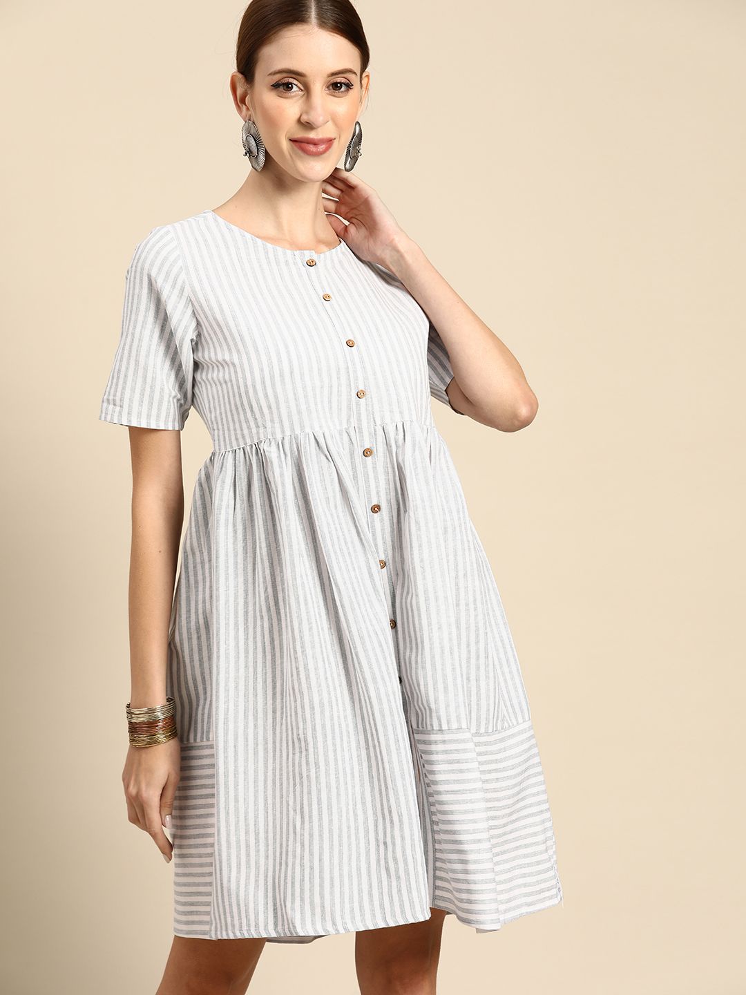 Anouk Grey & White Striped A-Line Dress Price in India