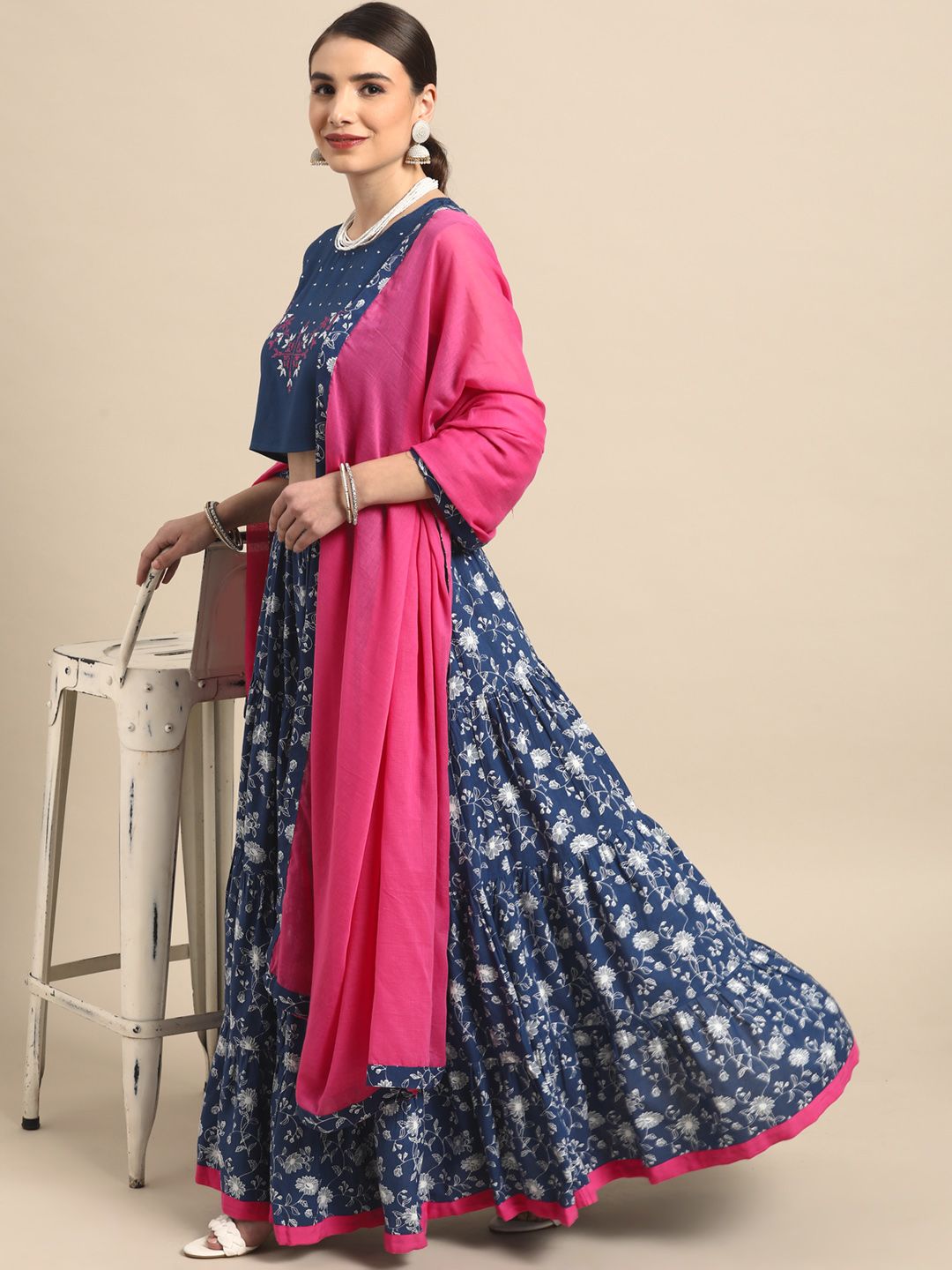 Anouk Navy Blue & White Embroidered Ready to Wear Lehenga & Blouse With Dupatta Price in India