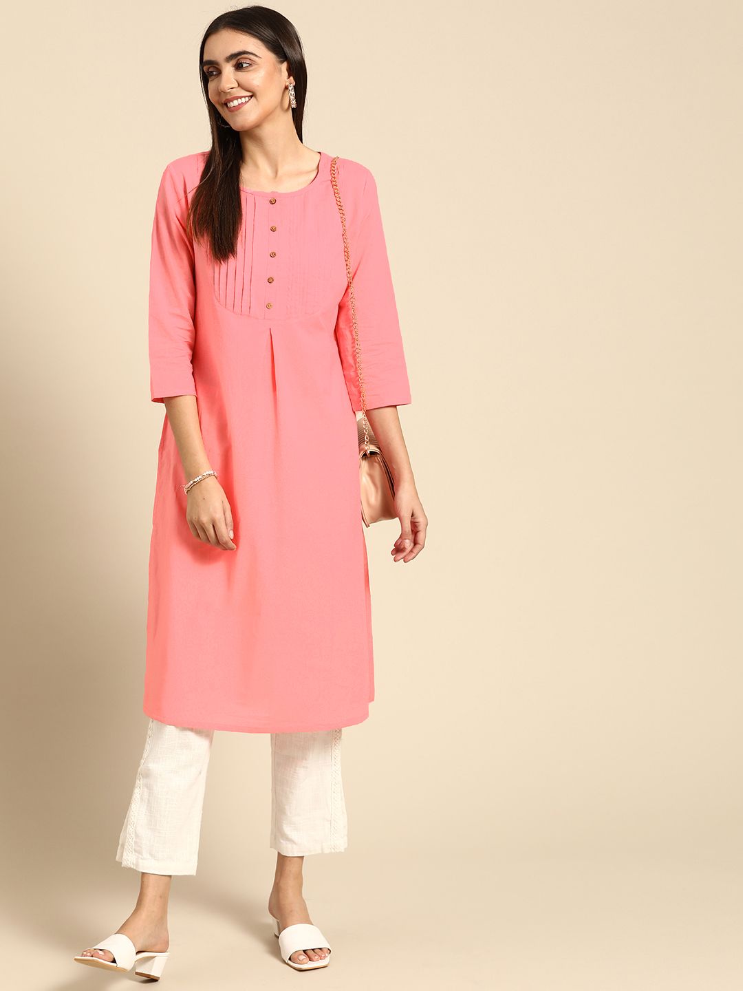 Anouk Women Pink Pure Cotton Straight Pastel Kurta Price in India