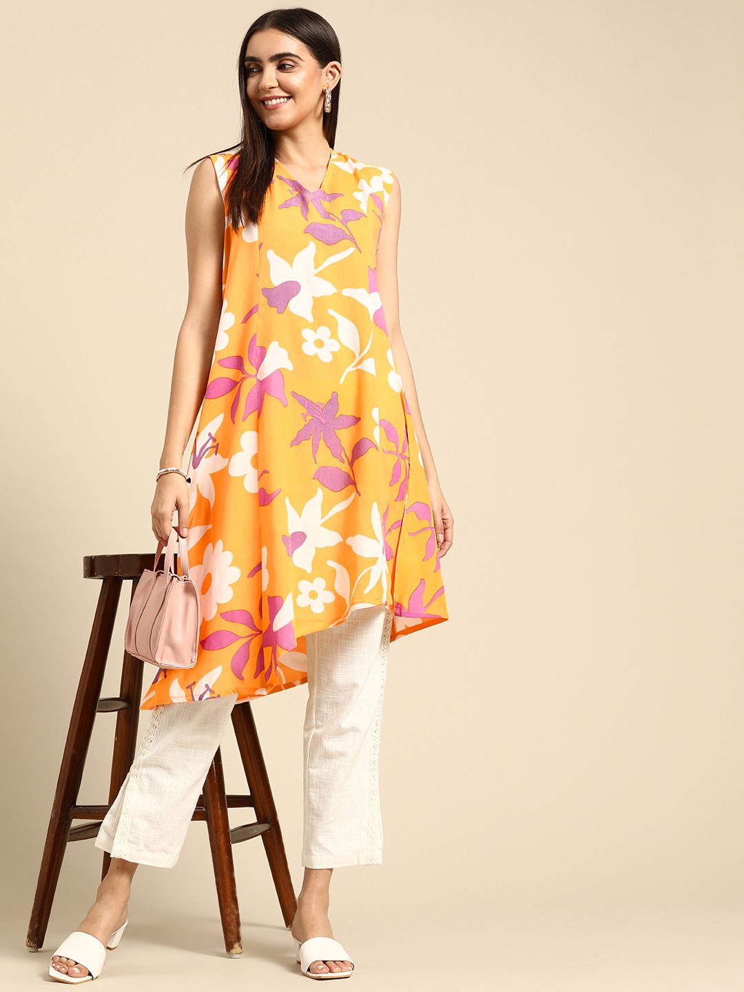 Anouk Women Orange & White Floral Printed Asymmetric Kurta Price in India