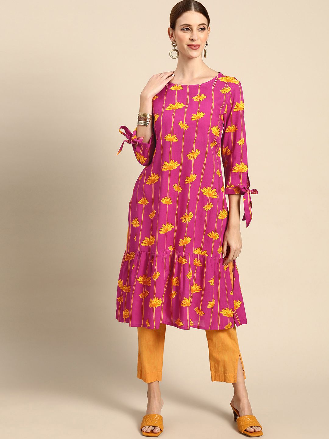 Anouk Women Pink & Yellow Floral Printed Kurta Price in India