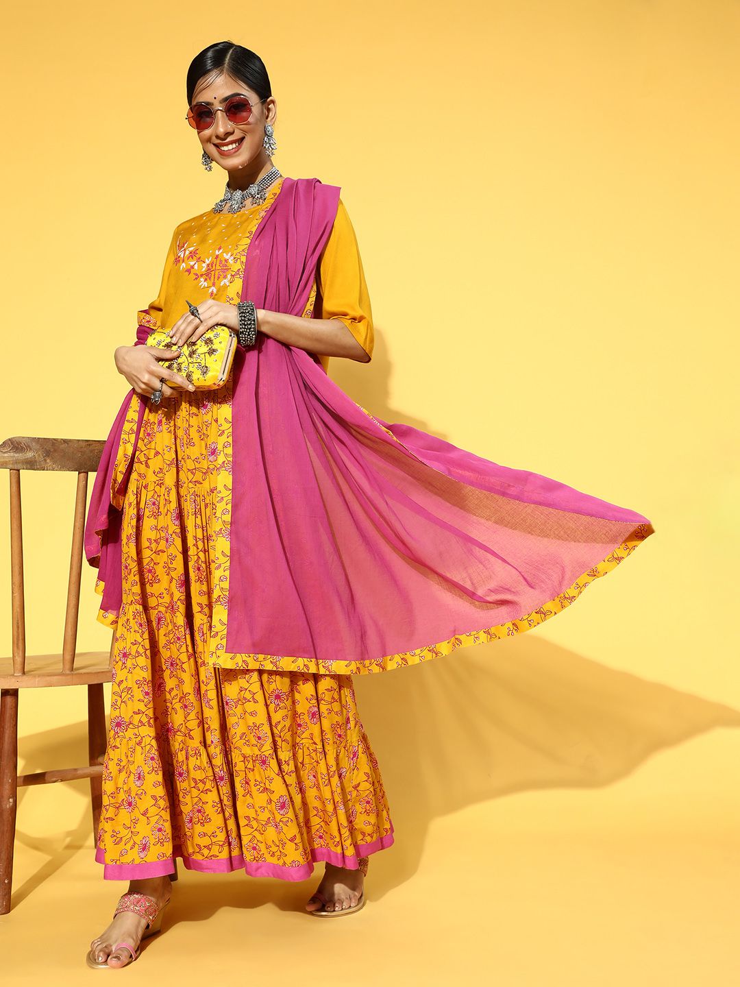 Anouk Mustard Yellow & Pink Embroidered Ready to Wear Fusion Lehenga & Blouse With Dupatta Price in India