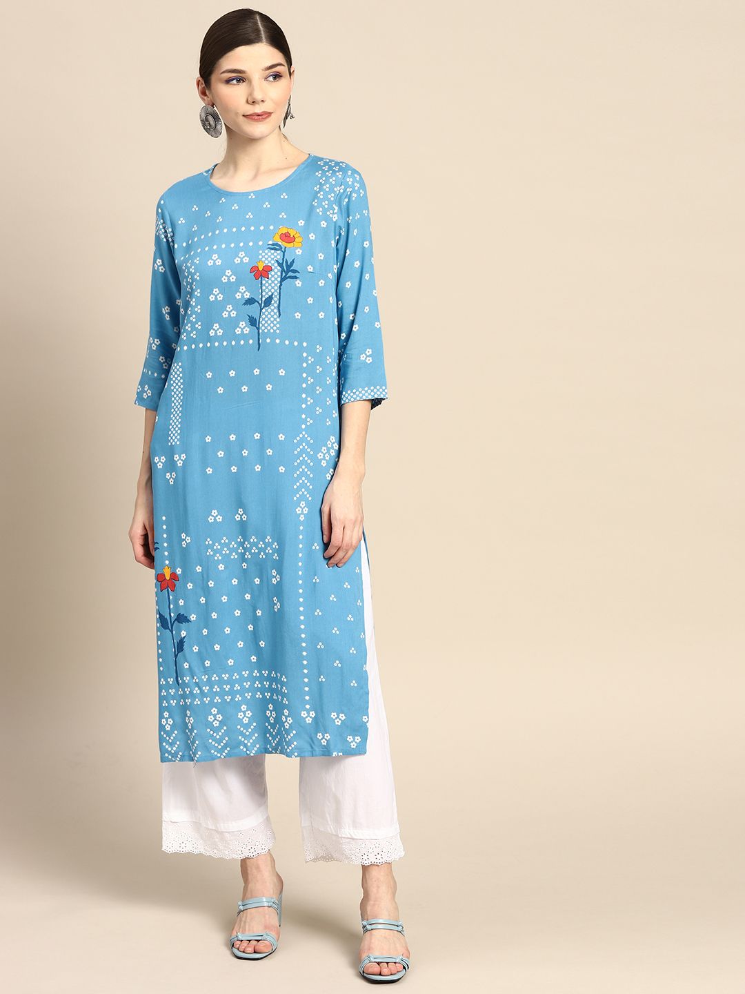 Anouk Women Blue & White Ethnic Motifs Printed Kurta Price in India