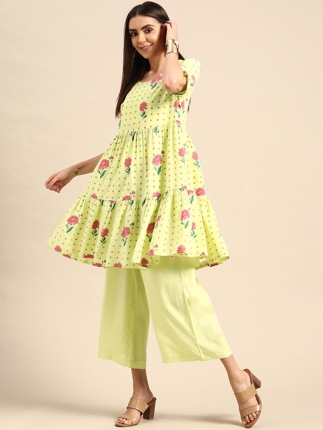 Anouk Women Lime Green & Pink Floral Printed Empire Kurta with Palazzos Price in India