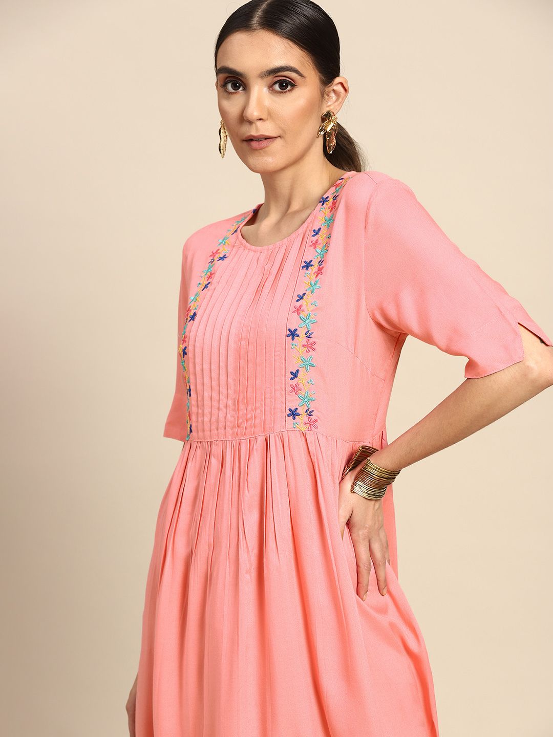 Anouk Pink Floral Embroidered A-Line Midi Dress Price in India