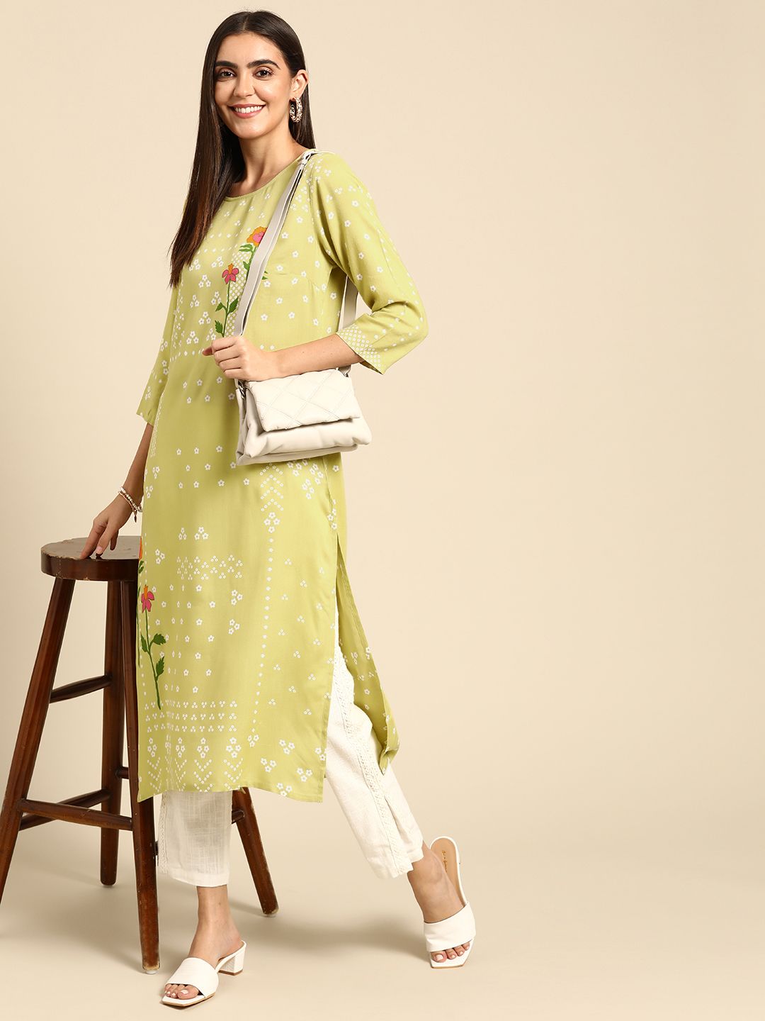 Anouk Women Lime Green & White Floral Printed Floral Kurta Price in India