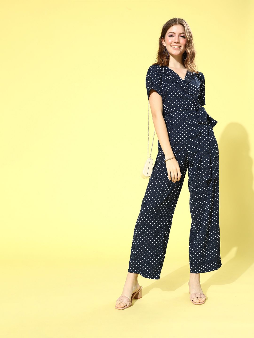 Berrylush Navy Blue & White Shawl Neck Printed Culotte Jumpsuit Price in India