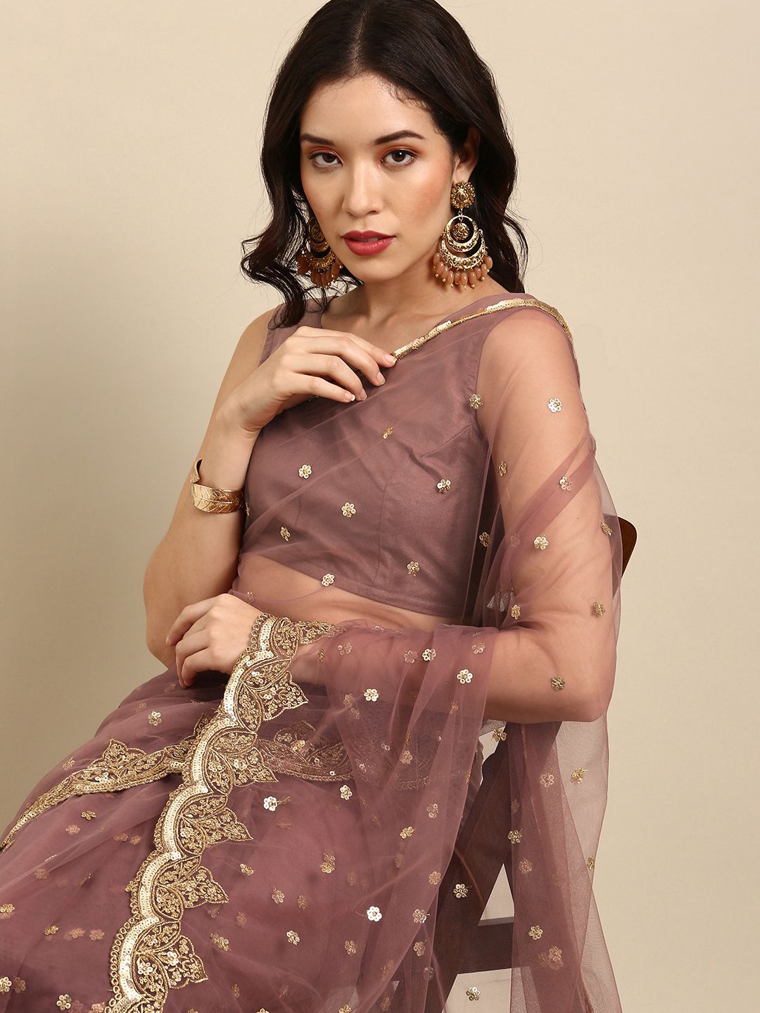 Sangria Pink & Gold-Toned Ethnic Motifs Sequinned Net Saree