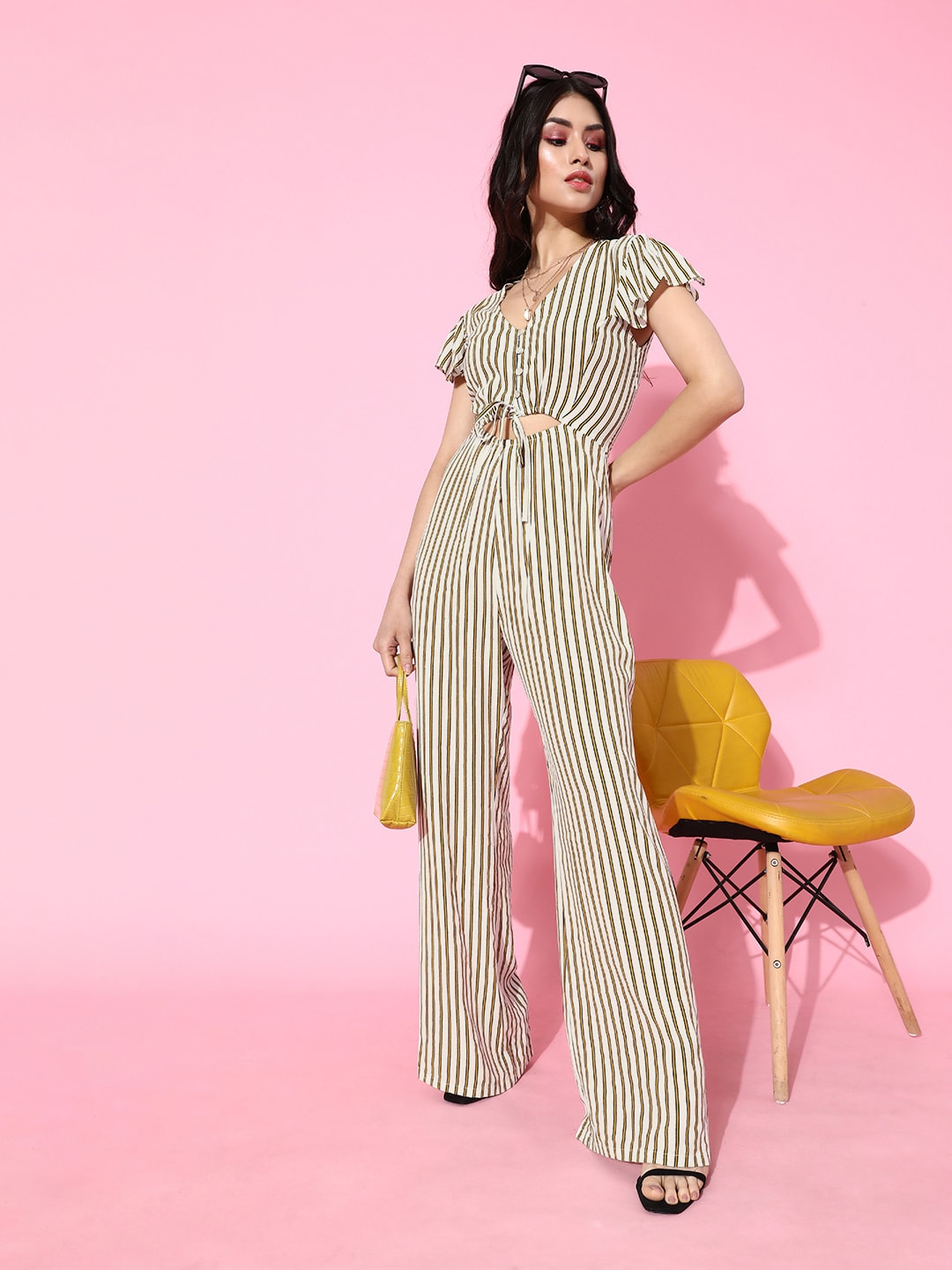 ANI Women Beautiful Off-White Striped Cinched Waist Jumpsuit Price in India