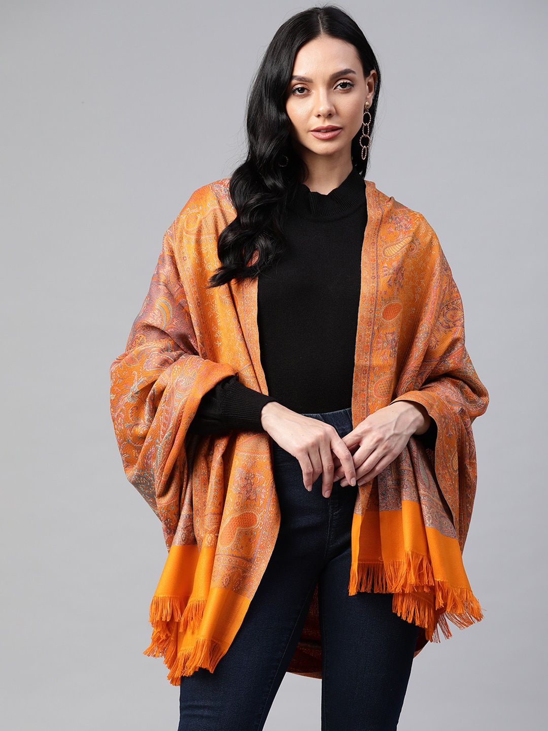 WEAVERS VILLA Women Orange Paisley Woven Design Fusion Shawl Price in India