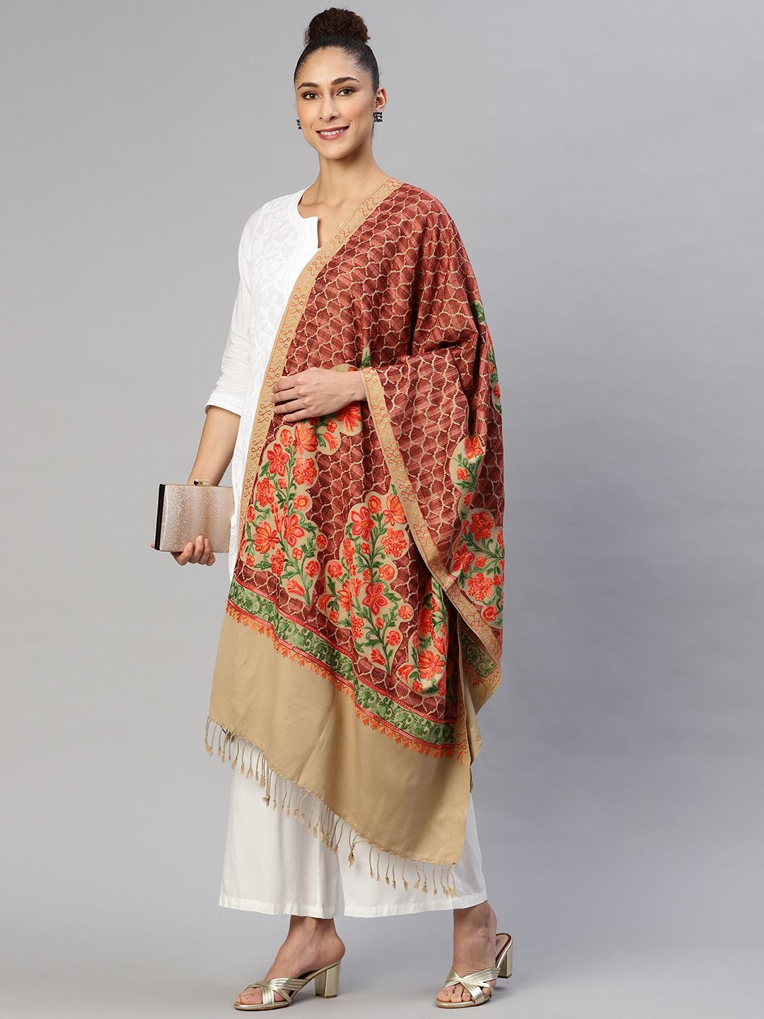 WEAVERS VILLA Women Beige Embroidered Stole Price in India