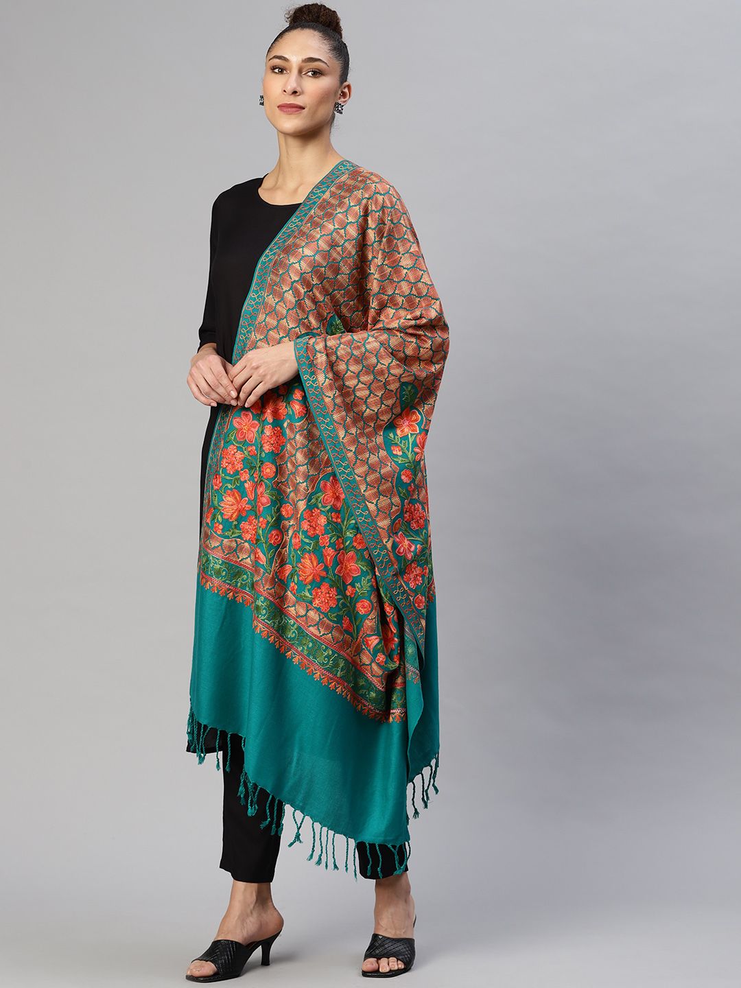 WEAVERS VILLA Women Sea Green Embroidered Stole Price in India