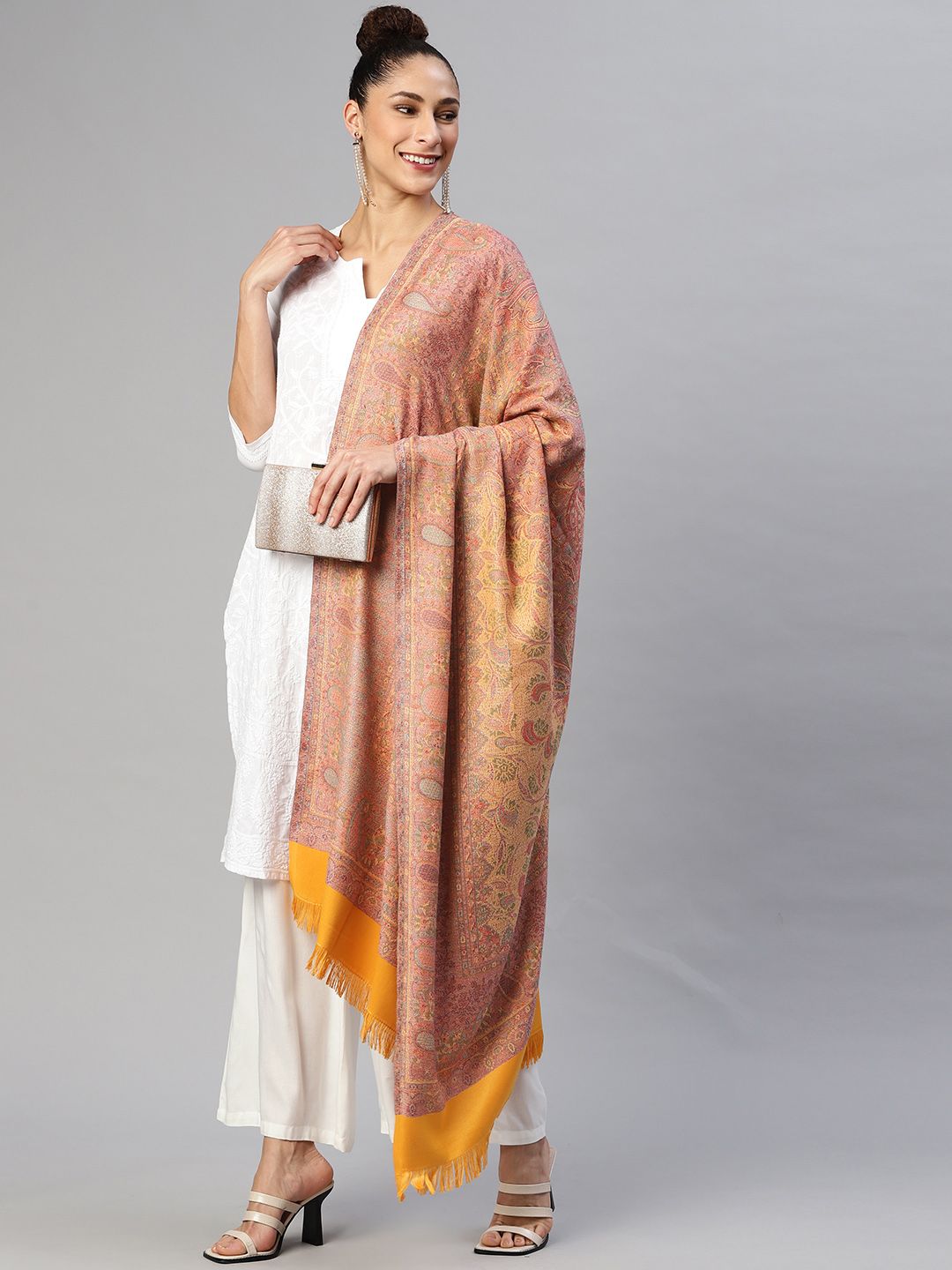WEAVERS VILLA Women Mustard Yellow Paisley Woven Design Shawl Price in India