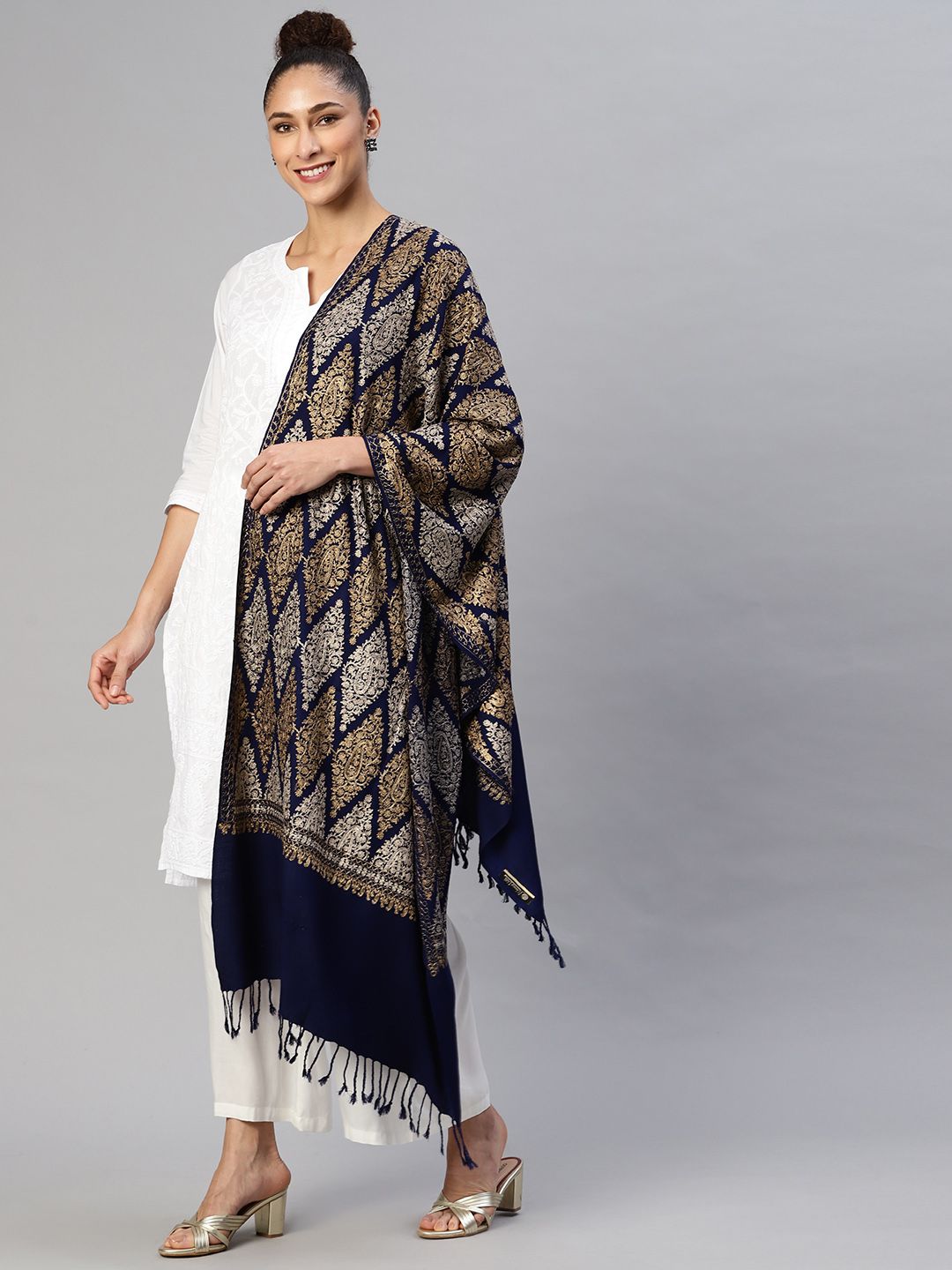 WEAVERS VILLA Women Navy Blue Embroidered Stole Price in India