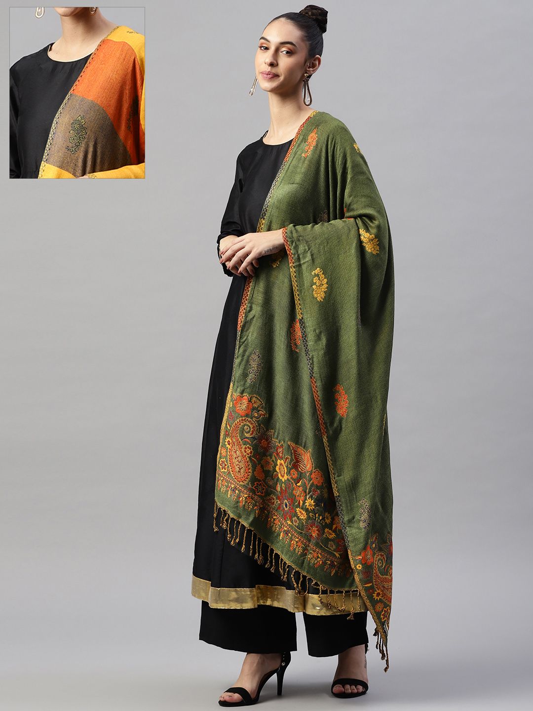 WEAVERS VILLA Women Sea Green Woven Design Stole Price in India