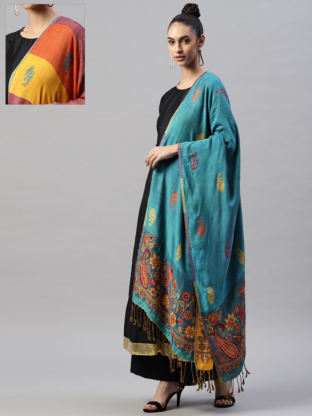 WEAVERS VILLA Women Blue & Yellow Woven Design Reversible Stole Price in India