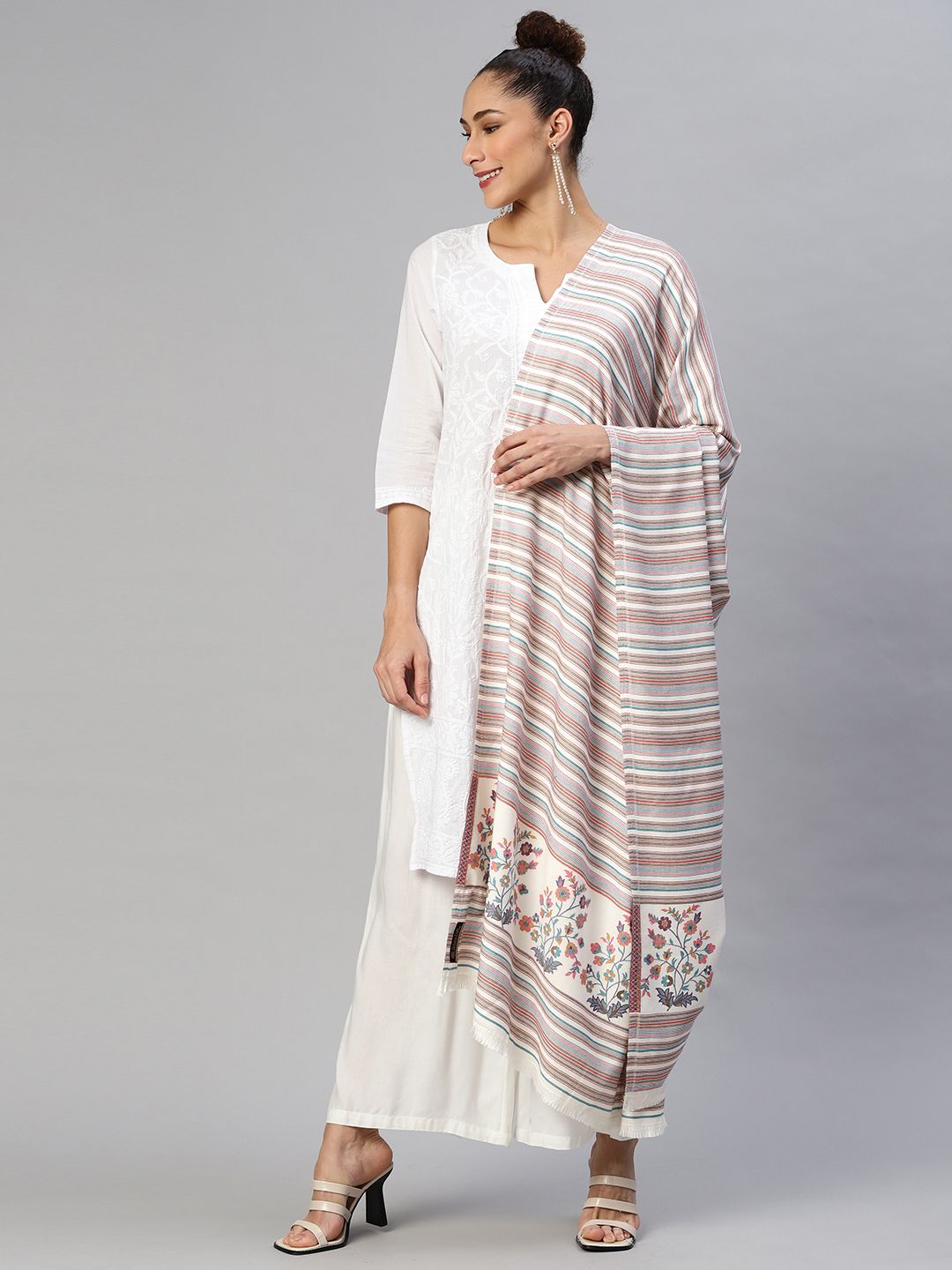 WEAVERS VILLA Women White & Blue Striped Woven Design Shawl Price in India