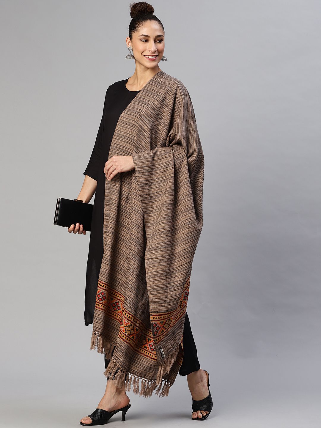 WEAVERS VILLA Women Beige Striped Woven Design Shawl Price in India