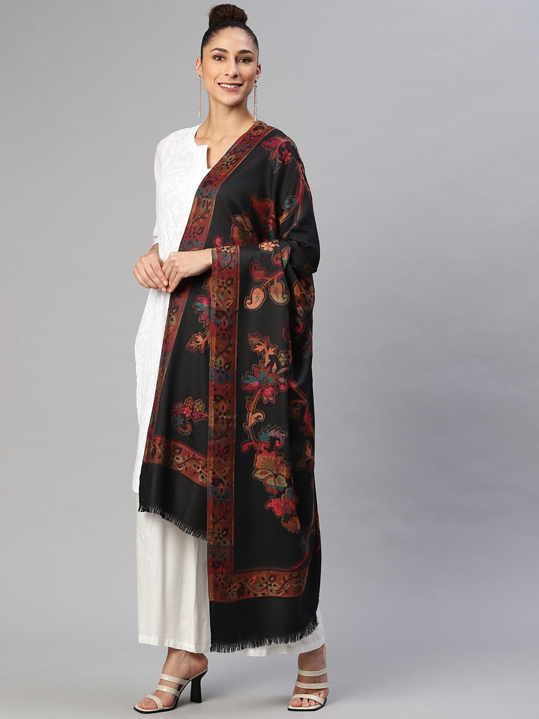 WEAVERS VILLA Women Black Floral Woven Design Shawl Price in India