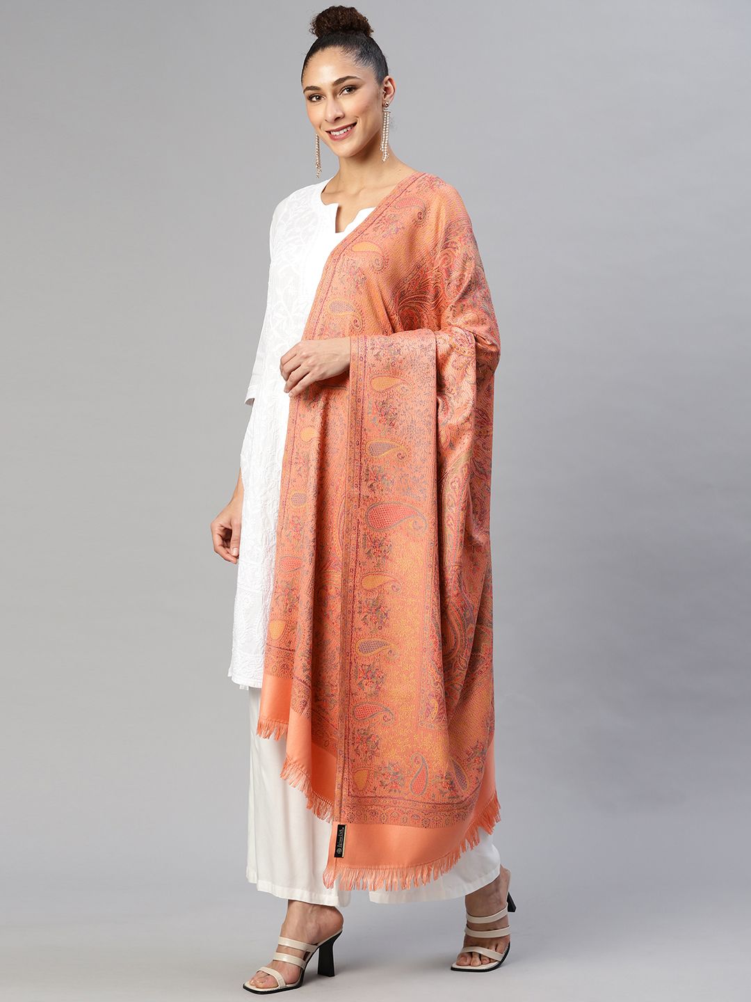 WEAVERS VILLA Women Peach-Coloured Paisley Woven Design Shawl Price in India