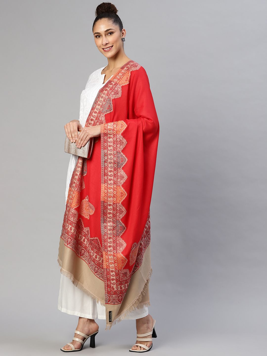 WEAVERS VILLA Women Red Woven Design Wool Shawl Price in India