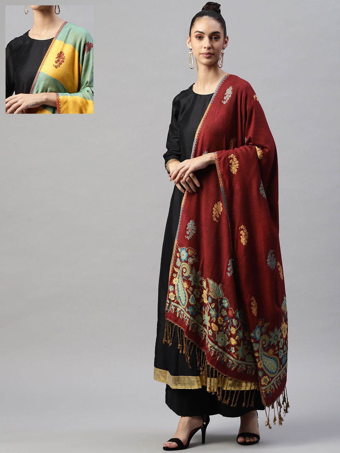 WEAVERS VILLA Women Maroon Woven Design Stole Price in India