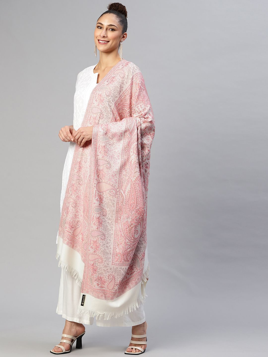 WEAVERS VILLA Women White & Pink Paisley Woven Design Shawl Price in India