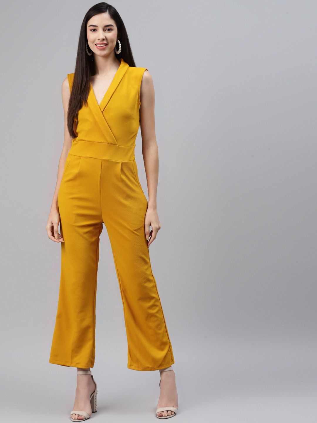 Sasimo Mustard Yellow Sleeveless Basic Jumpsuit Price in India