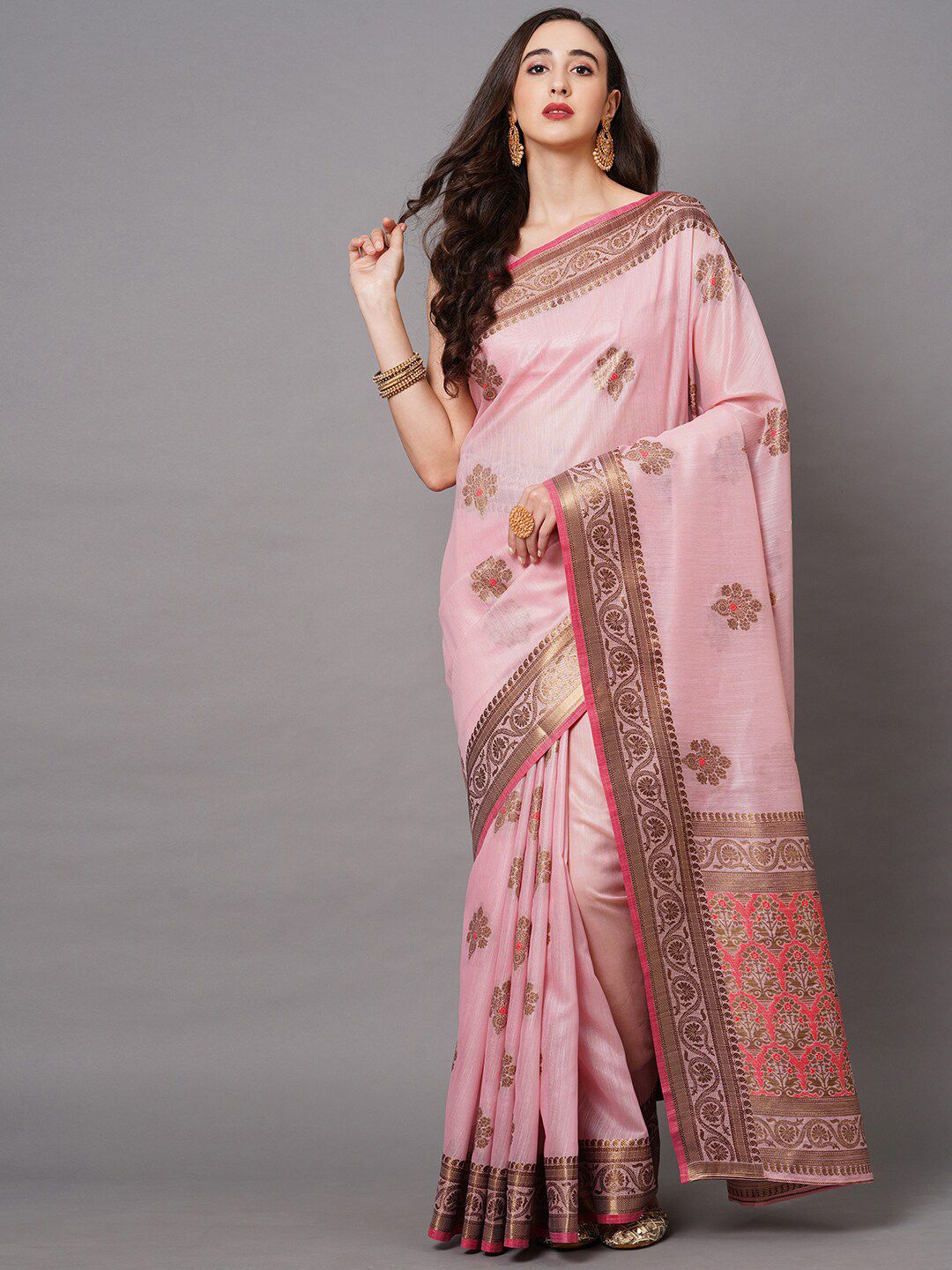 Mitera Pink & Gold-Toned Ethnic Motifs Zari Banarasi Saree Price in India