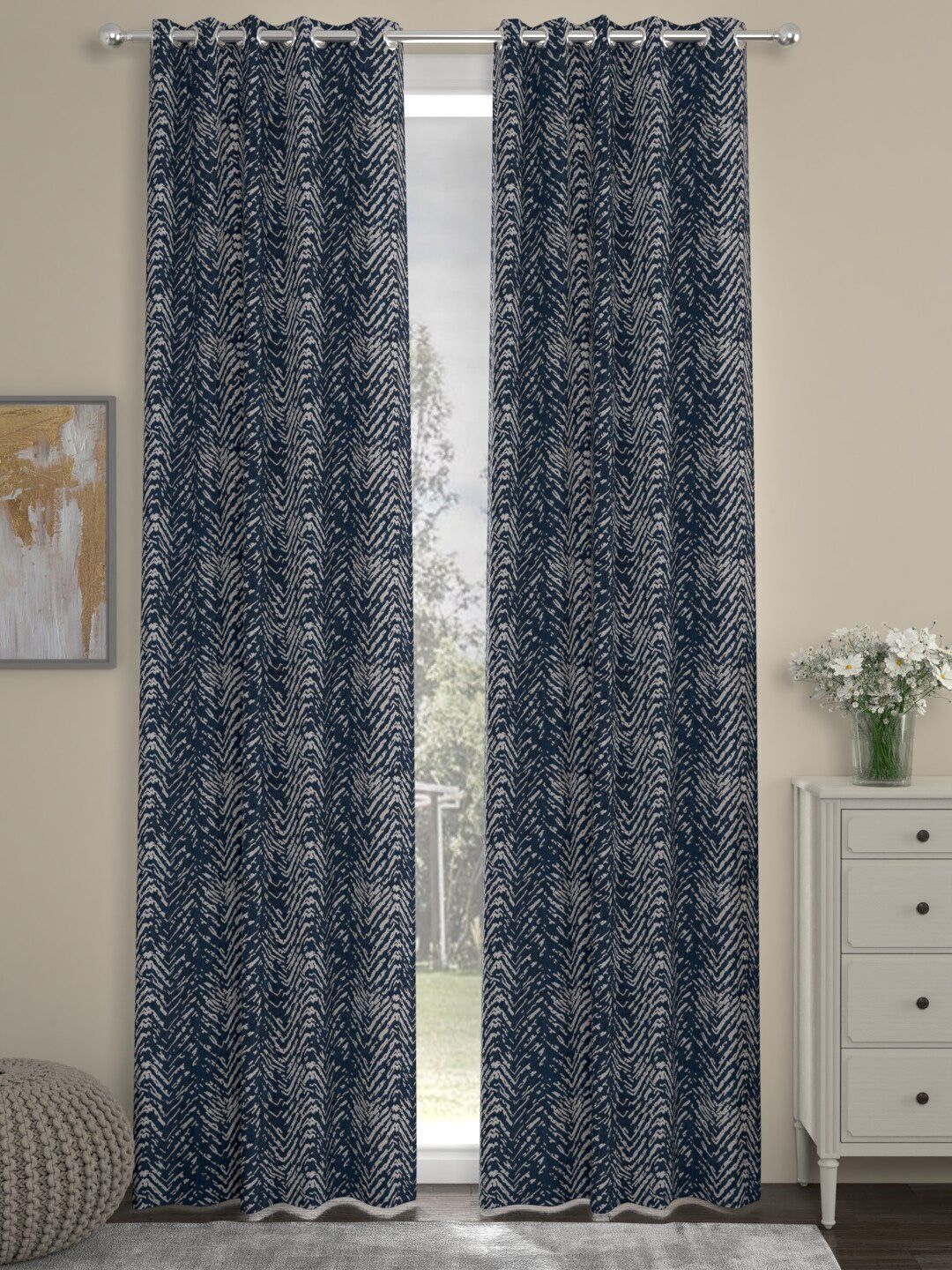 ROSARA HOME Set Of 2 Navy Blue & Grey Chevron Printed Door Curtain Price in India