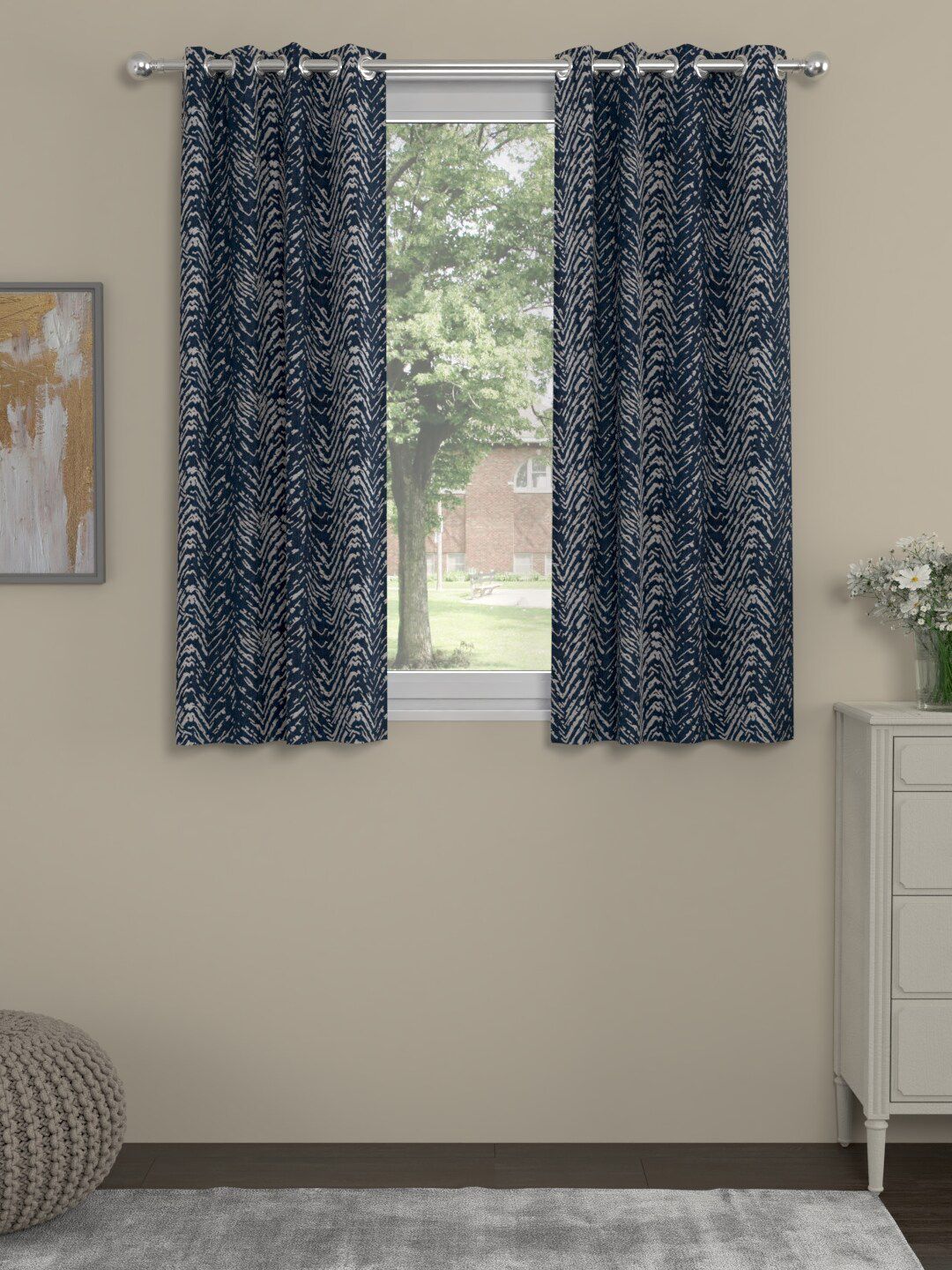 ROSARA HOME Set Of 2 Navy Blue & Grey Chevron Printed Window Curtain Price in India