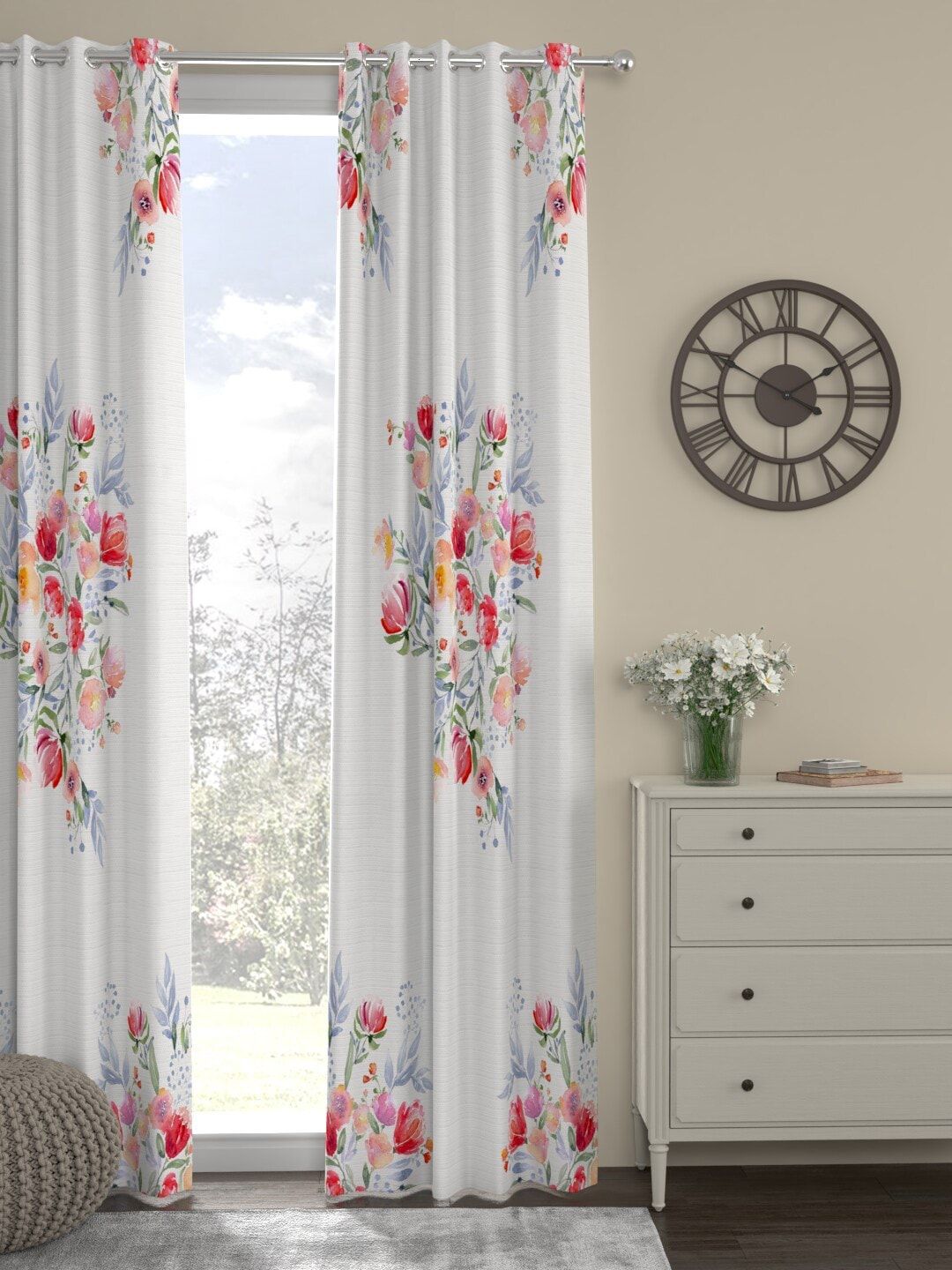 ROSARA HOME White & Pink Floral Printed Long Door Curtain Price in India