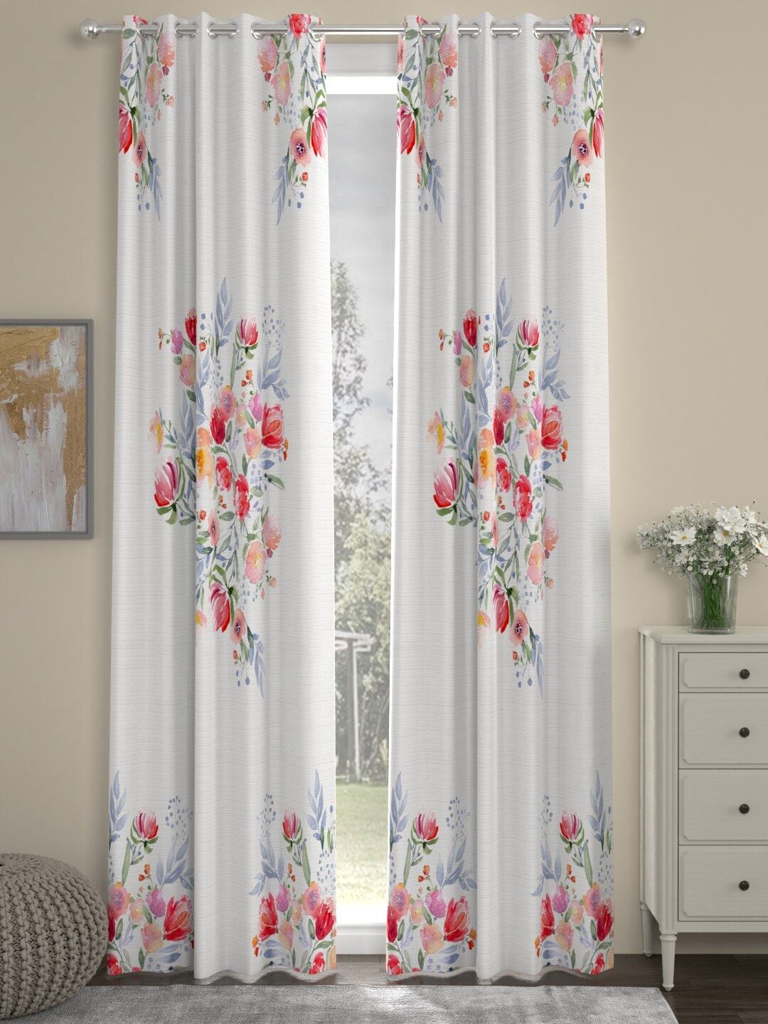 ROSARA HOME Set Of 2 White & Pink Floral Printed Long Door Curtain Price in India