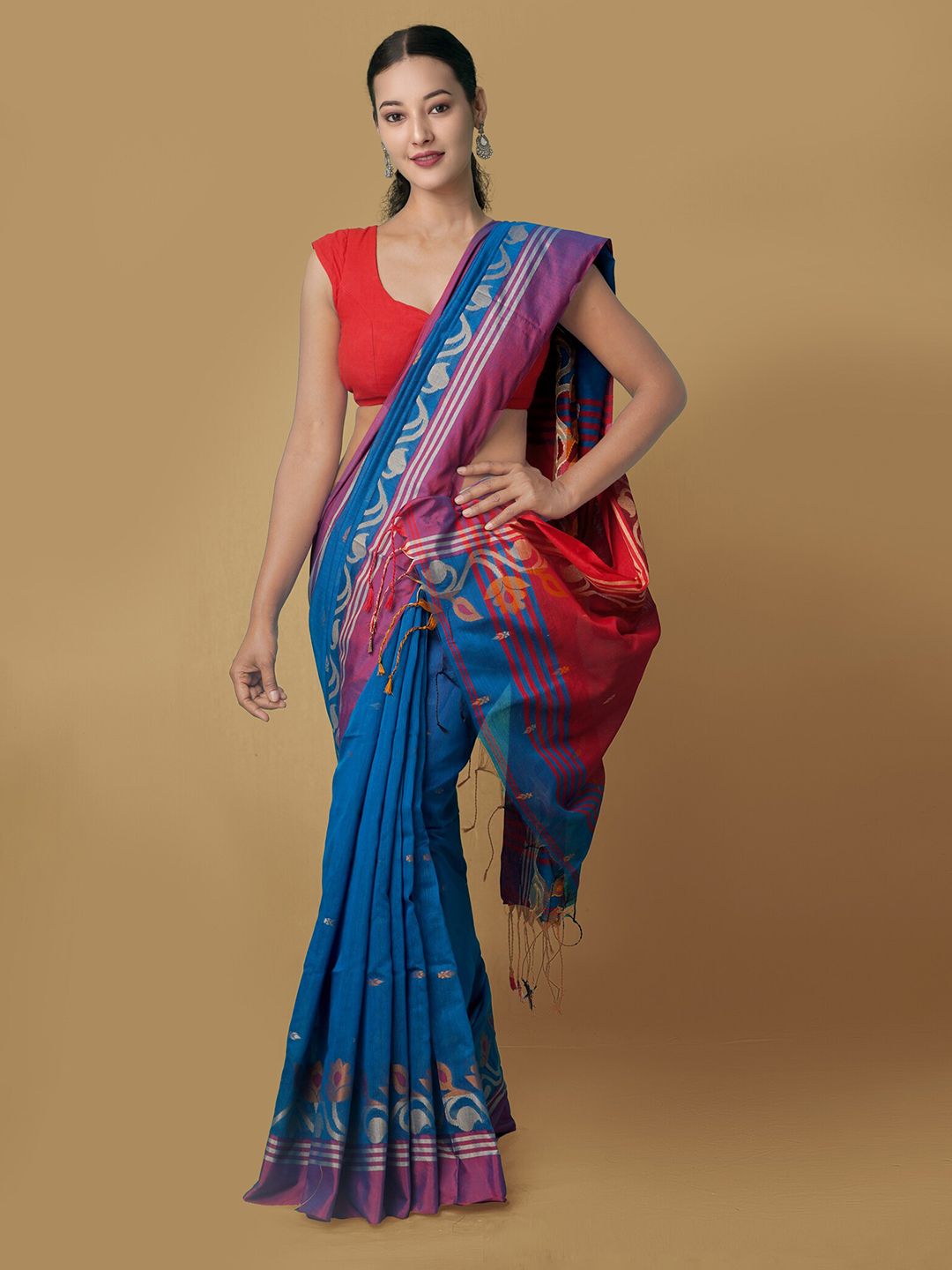 Unnati Silks Blue & Red Woven Design Pure Linen Jamdani Saree