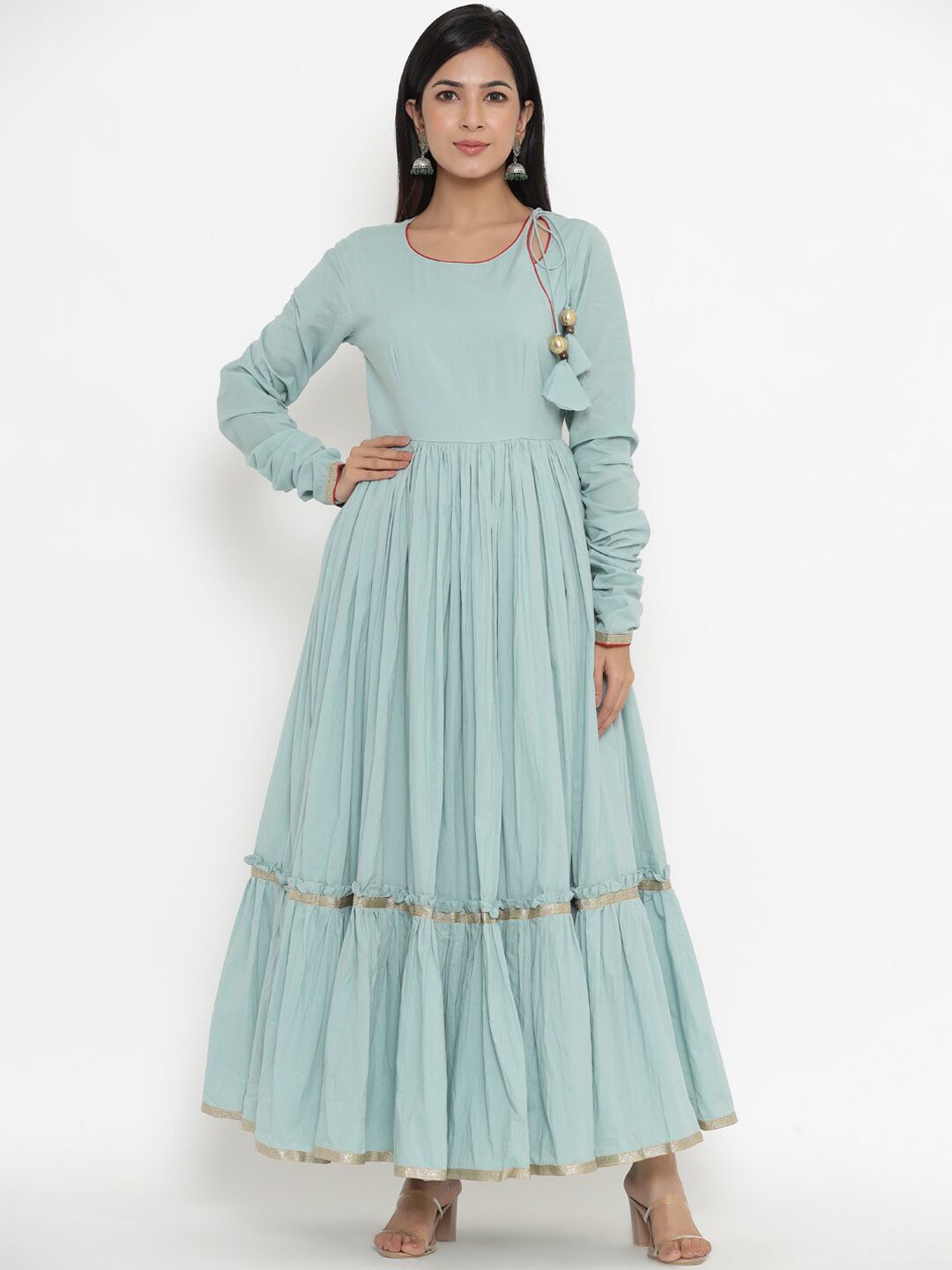 Indian Virasat Sea Green Cotton Ethnic Maxi Dress Price in India