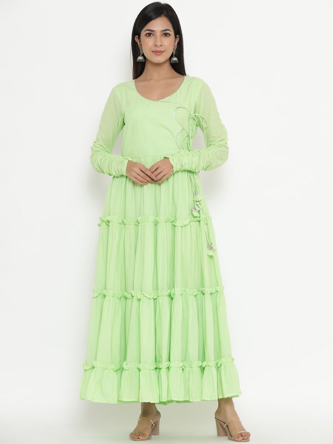 Indian Virasat Lime Green Cotton Ethnic Maxi Dress Price in India