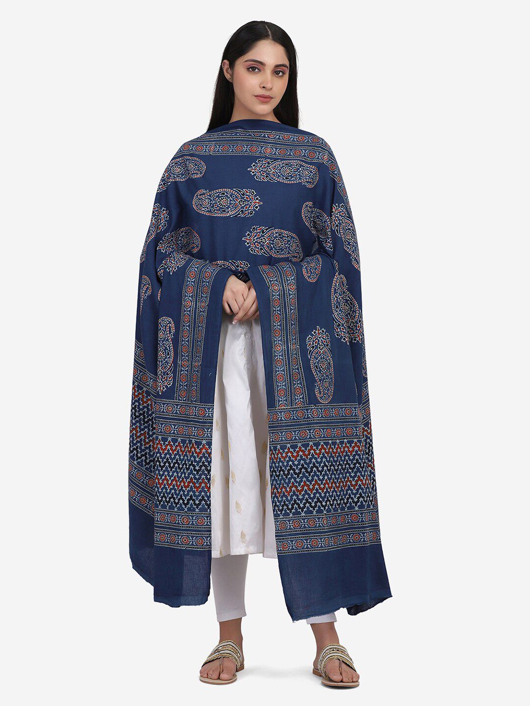 THE WEAVE TRAVELLER Blue & White Ethnic Motifs Printed Pure Cotton Block Print Dupatta Price in India