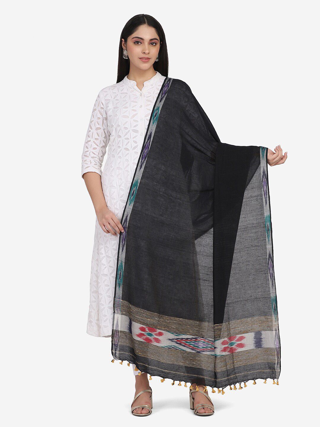 THE WEAVE TRAVELLER Black & White Woven Design Pure Cotton Dupatta Price in India